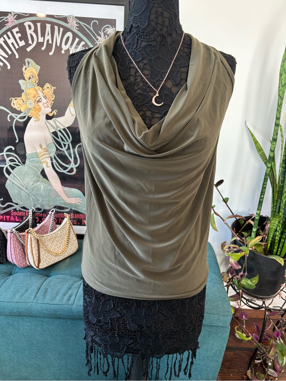 Express Olive Green Draped Cowl Neck Sleeveless Top